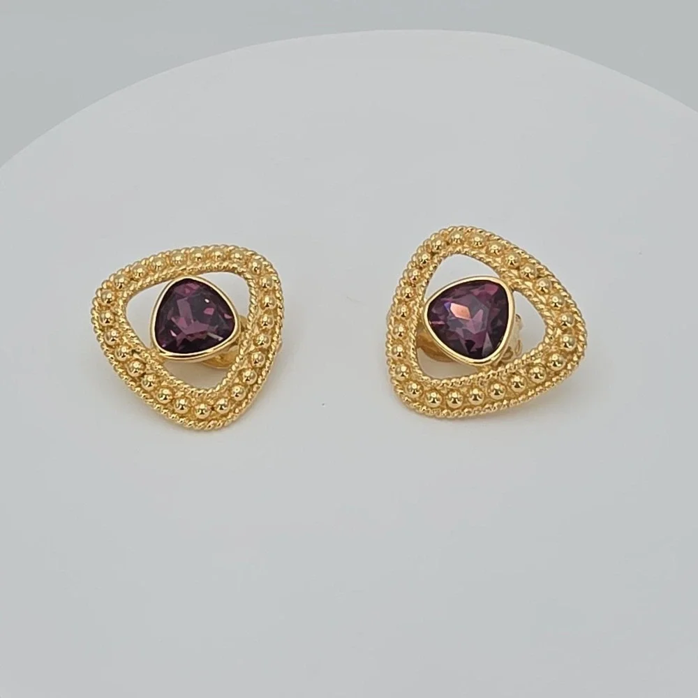 Vtg Signed SWAROVSKI Triangular Earrings Clip-On Amethyst Crystal 18k Gold Plate - Picture 9 of 14